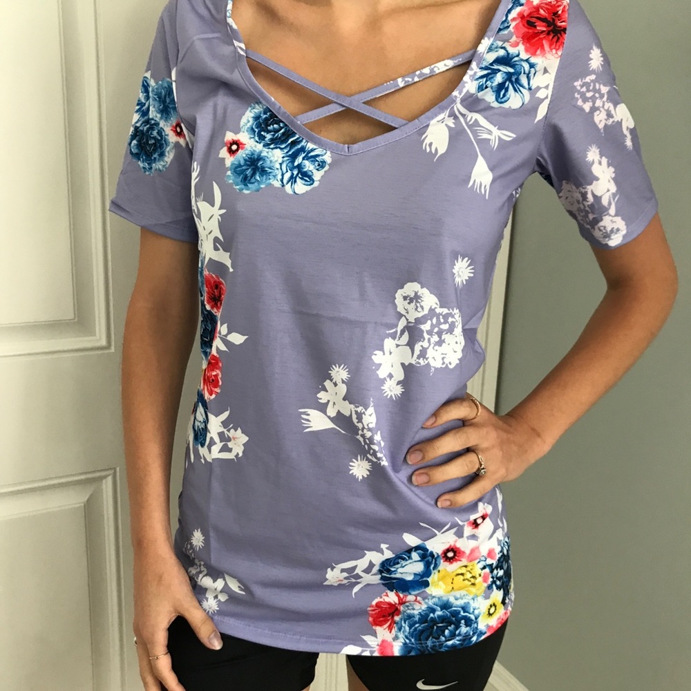 Purple floral top with crisscross detail size S